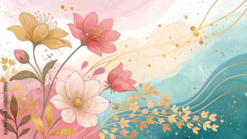 Beautiful floral illustration with pink and gold flowers against soft pastel colors in abstract style
