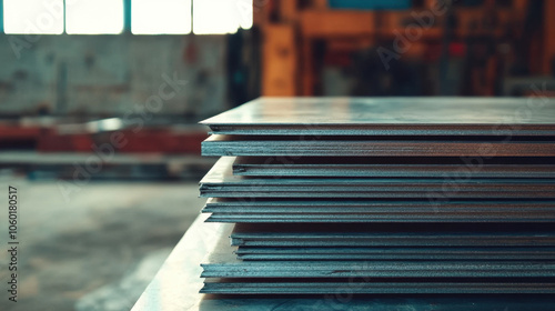 A stack of metal sheets in an industrial setting, showcasing a focus on materials used in manufacturing and construction processes. photo