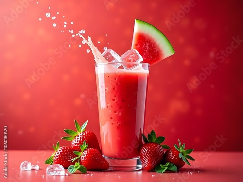 Watermelon Strawberry Smoothie, Cold Drink, Refreshing Fruit Smoothie, Red Juice, Strawberry Fruit Smoothie photo