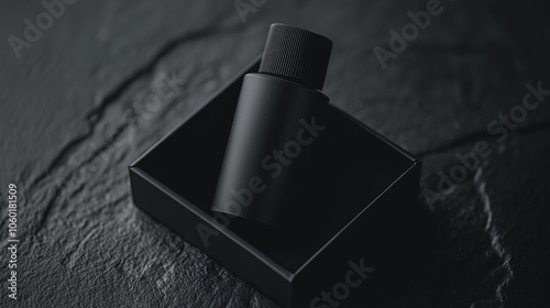 sleek black bottle car freshener placed in minimalist black box, exuding elegance and sophistication. Perfect for modern interiors and car aesthetics photo