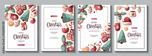 Christmas and New Year flyer set with gingerbread cookies. Vector illustration for greeting cards, banners, posters, flyers.