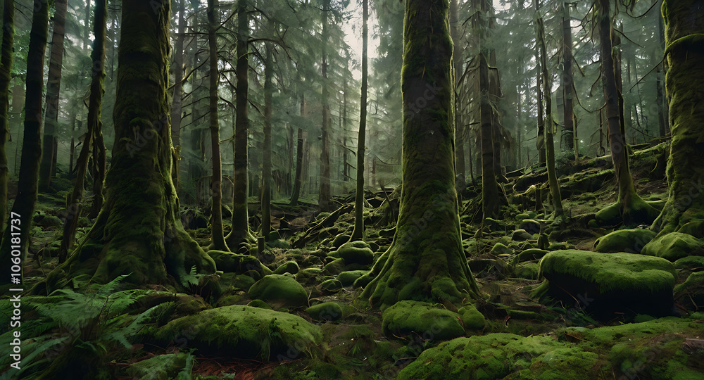 Fototapeta premium A dense, untouched forest filled with moss-covered rocks and towering trees. Primitive wilderness untouched by human development, radiating a sense of mystery and ancient times.