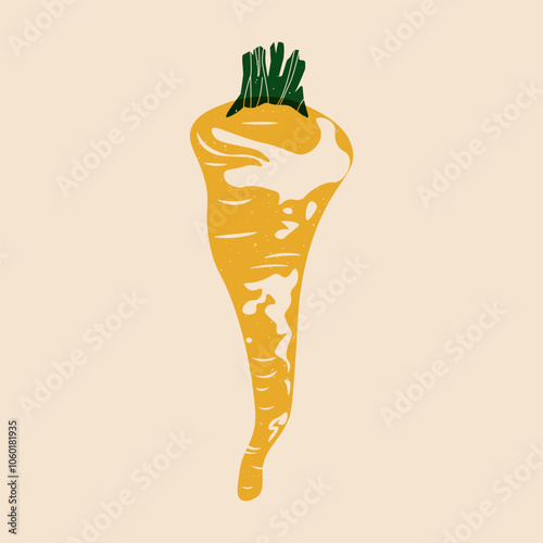 Parsnip. Cartoon fresh root vegetable risograph style, healthy organic food, natural agriculture product, green garden plant linocut print effect. Vector illustration