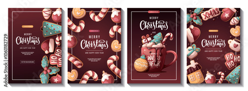 Christmas and New Year flyer set with gingerbread cookies and hot chocolate. Vector illustration for greeting cards, banners, posters, flyers.