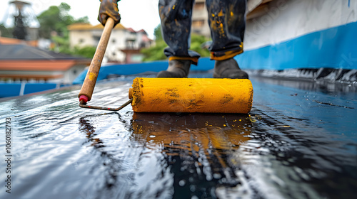 Using a roller brush to apply a waterproof coating to a rooftop photo