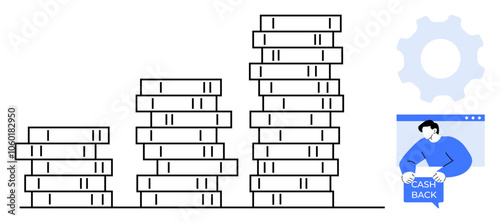 Stacks of coins in ascending order and a person holding a cash-back card. Ideal for finance, savings, investment, financial growth, and rewards programs. Simple modern style