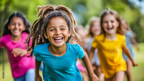 Children enjoying a sunny day in the park while playing together and having fun with joyful expressions