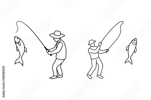 Fisherman line art vector illustration icon set