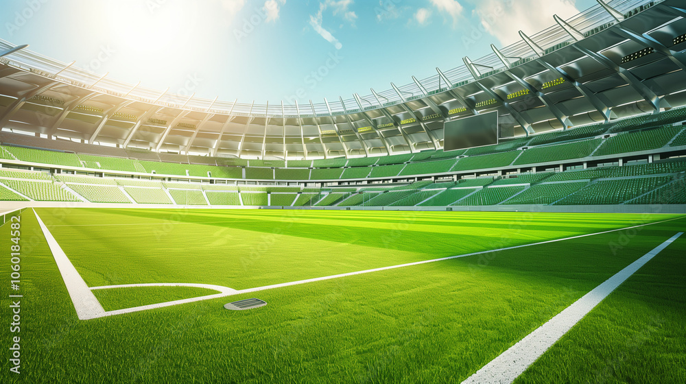 Fototapeta premium stadium, interior, green, stands, white, roof, LED, screens, lawn, sunny, day, sports, arena, event, seating, architecture, facility, athletic, field, game, match, venue, audience, seating, structure