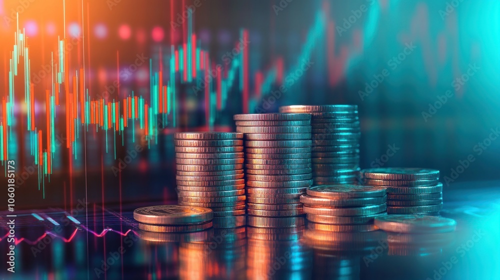 Stacks of silver coins in front of a stock market chart with red and blue lines, representing financial growth and wealth.