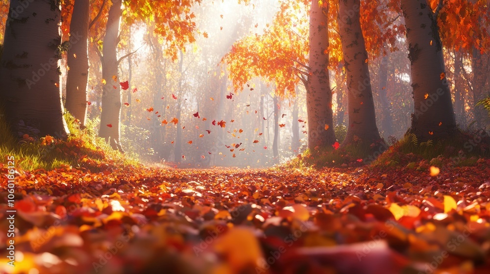 Fototapeta premium Serene autumn forest glade filled with vibrant foliage and soft sunlight casting shadows over a blanket of fallen leaves
