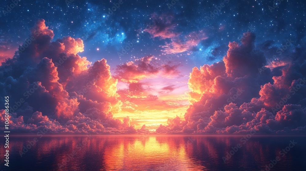 Fototapeta premium Vibrant sunset over calm waters with colorful clouds and stars.