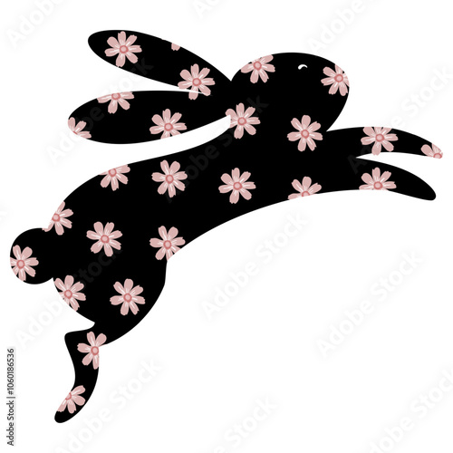 Rabbit isolated on white background for Happy Easter,Vector Black Bunny Silhouette Paper cut with Pink Spring Flowers pattern,Animal Hare Rabbit Jumping