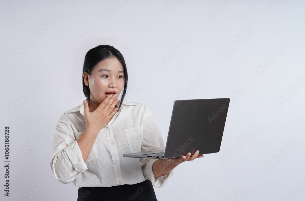 Young, obese, plus-sized Asian office worker wearing white shirt posing on plain white background Young, obese, plus-sized Asian office worker wearing white shirt posing on plain white background