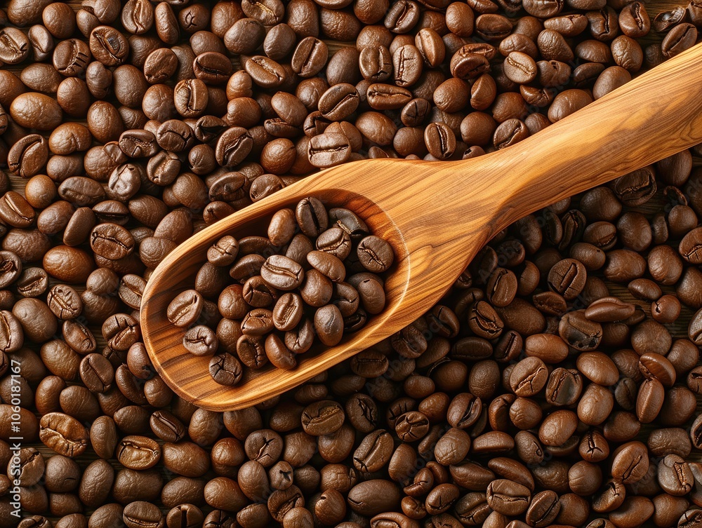 Fototapeta premium A closeup view of roasted coffee beans, some in a wooden spoon, with the beans filling the frame.