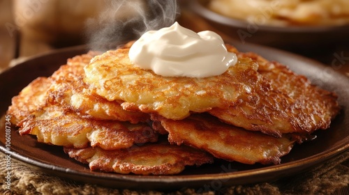 A stack of potato pancakes topped with sour cream, with steam rising from the pancakes. photo