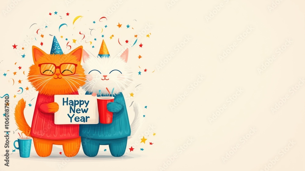 Fototapeta premium Festive Cartoon Cats in Costumes with New Year Sign and Confetti