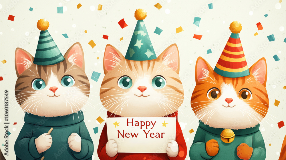 Fototapeta premium Cheerful Cats in New Year Costumes with Sign