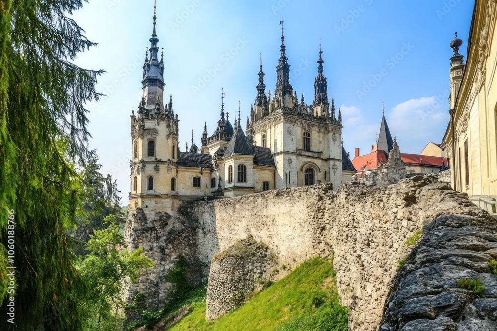 Fototapeta premium A picturesque castle surrounded by lush greenery under a clear blue sky.