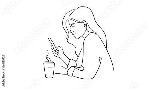 Girl holding phone and drinking coffee continuous line art drawing isolated on white background. Lady line art. Vector illustration