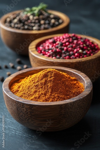 Spices in wooden bowls on a dark surface, showcasing vibrant colors and textures.