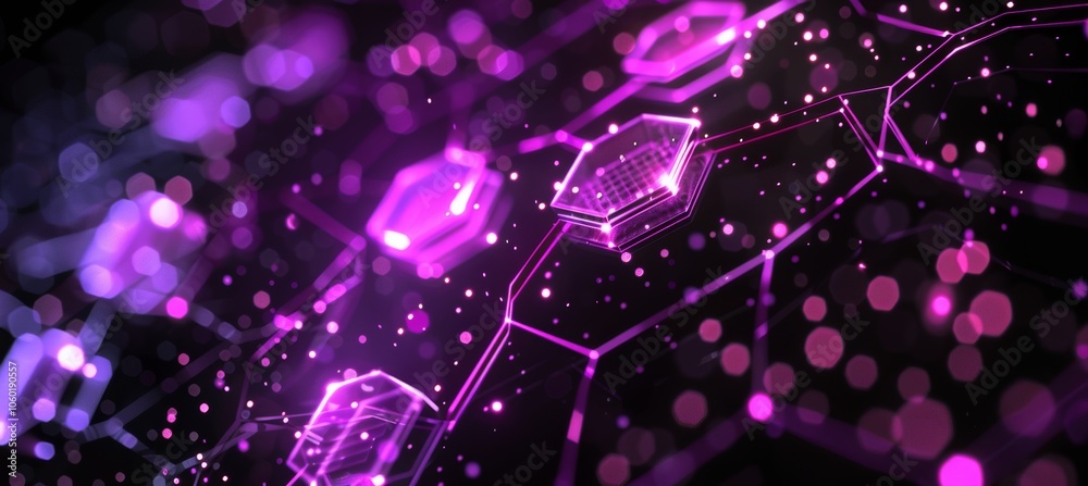 Black background with purple hexagons and glowing particles, creating an abstract, tech-inspired design. Black background with purple hexagons and glowing particles, creating an abstract, tech-inspired design.