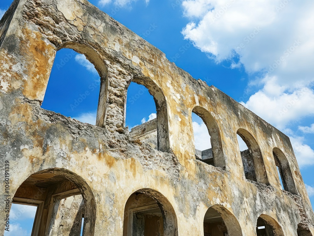 Obraz premium Ruined structure with arched windows under a blue sky.