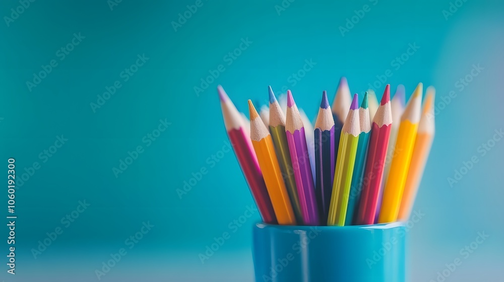 Fototapeta premium Vibrant colored pencils stand tall in a bright blue container for creative expression and art projects