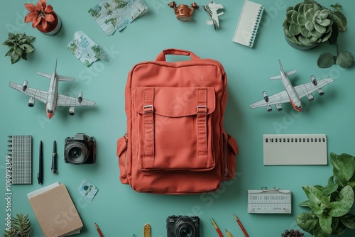 Obraz na płótnie Travel Essentials: Backpack, Airplane Model, and More w salonie
