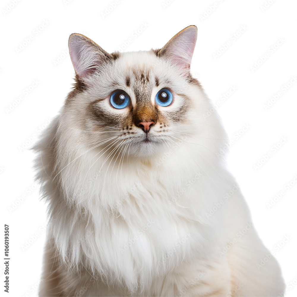 Fototapeta Cat - Looking Curiously, Funny, Scared - Sitting or Standing on White Background / Transparent - White with Brown Cat and Blue Eyes - Beautiful and Cute Cat Breed - Siamese, Birman, Ragdoll, Balinese