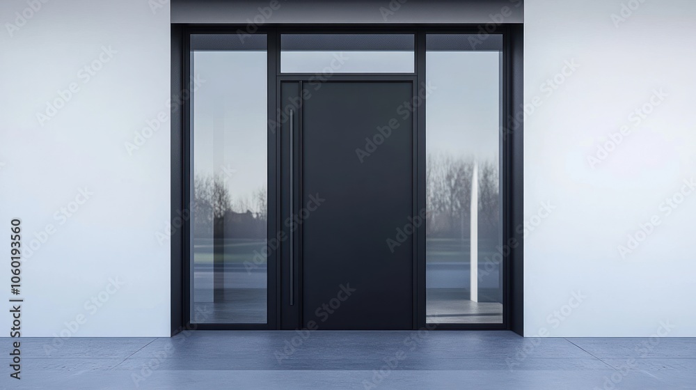 Obraz premium A modern entrance featuring a sleek black door and large glass panels.