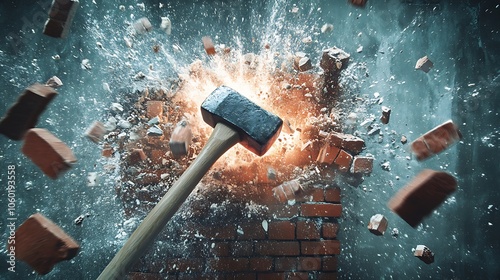 Hammer breaking through an old red brick wall