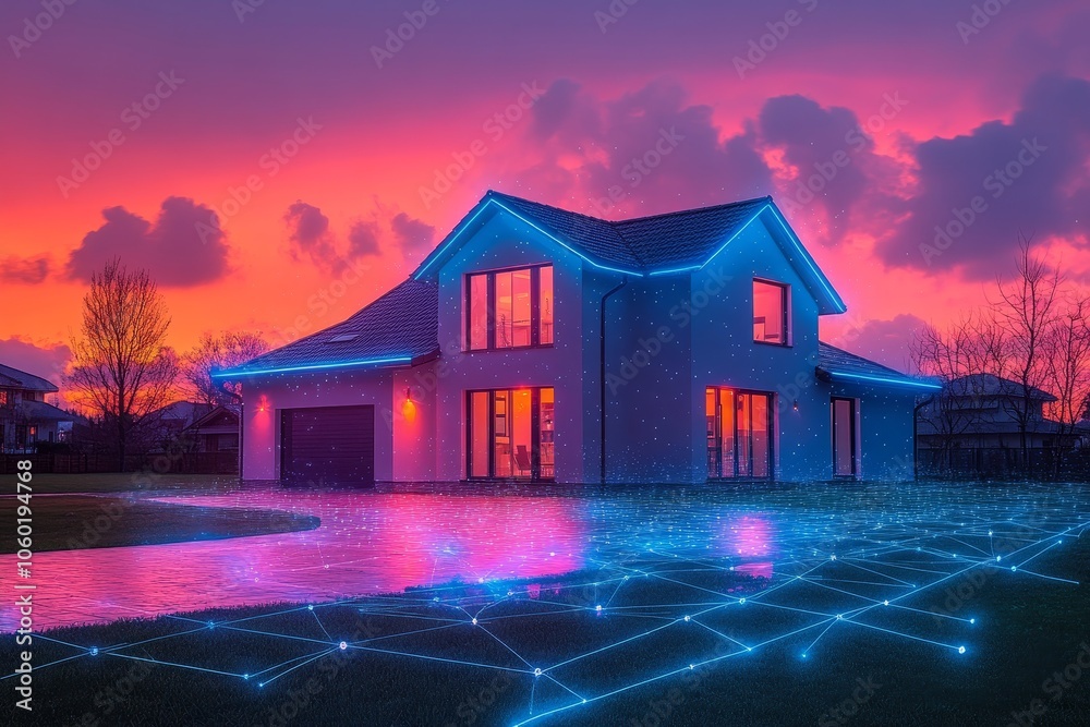Modern Smart Home with Sunset Sky and Connected Technology Stock Photo ...