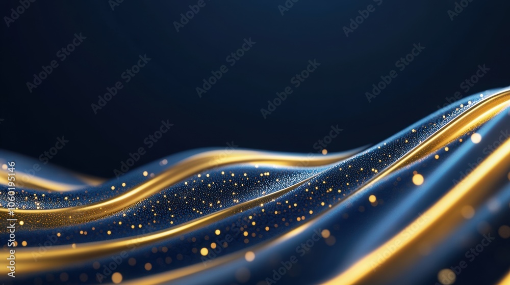 Abstract dark blue and gold wave pattern with glittering particles ...