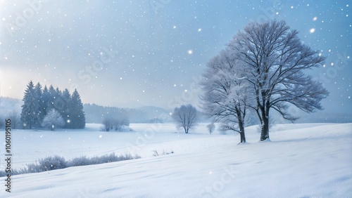 Snowy winter landscape with falling snowflakes and calm blue sky at sunset