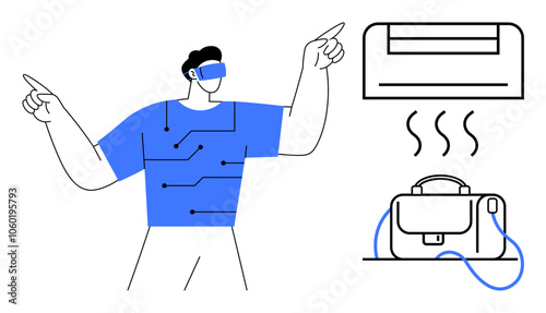 Man using VR headset gestures towards smart air conditioning unit and a connected briefcase. Ideal for technology, smart home, wearable tech, innovation, IoT, future trends, automation. Line metaphor