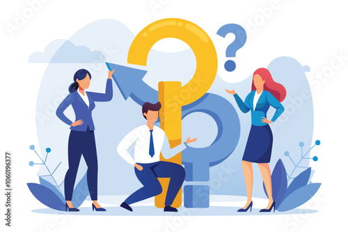 question and answer concept: illustration of a motivated team working together to solve problems, find answers, and unlock innovative solutions vector illustration.