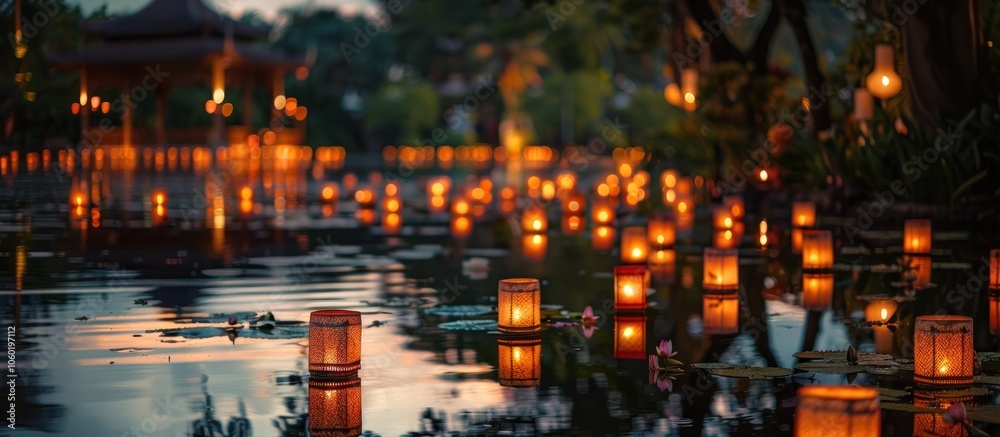 Obraz premium Floating lanterns casting a warm glowing reflection on the still waters of a river at dusk creating a serene and tranquil atmosphere in an outdoor festival setting The soft