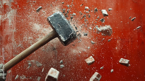 Hammer breaking through an old red brick wall