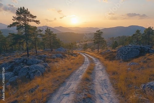 Winding Road Through Mountain Landscape at Sunset photo