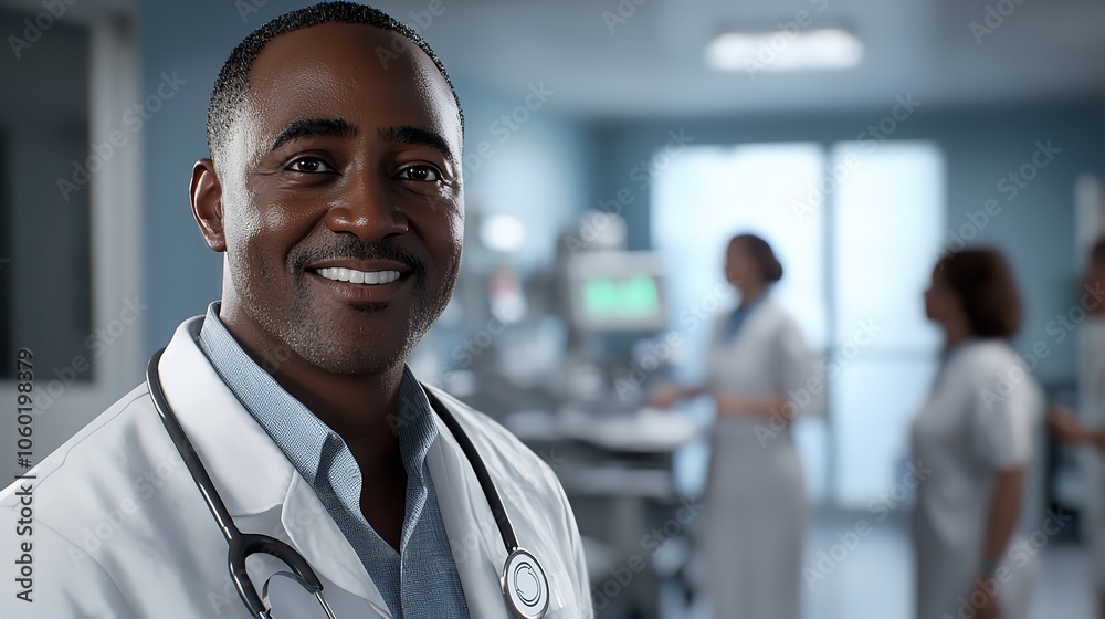 Fototapeta premium Smiling African doctor standing in a hospital ward