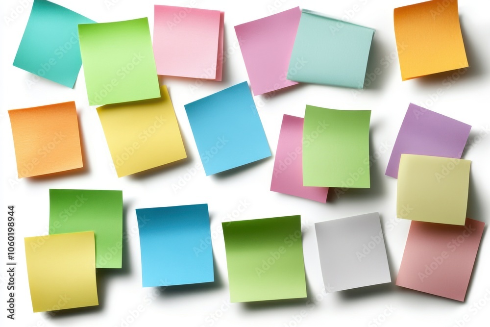Fototapeta premium sticky notes stacked arrangement, bright office essentials, isolated on white background