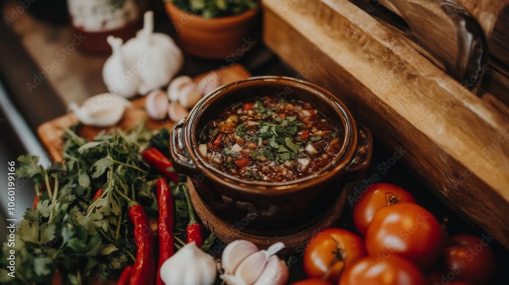Fresh Ingredients and Chili Dish on Rustic Table Fresh Ingredients and Chili Dish on Rustic Table