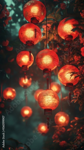 Red lanterns hanging at night for traditional Chinese Lunar New Year celebrations