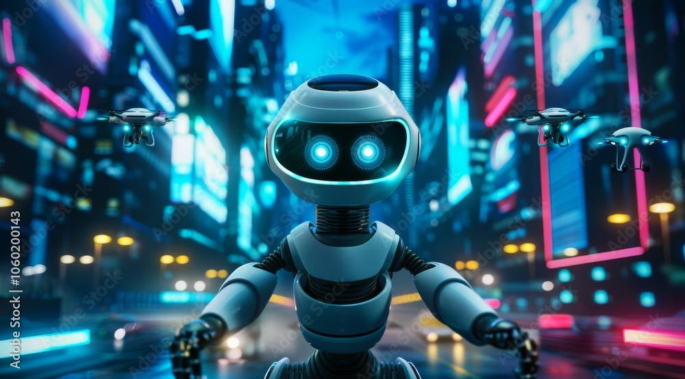 Cute futuristic robot glowing eyes stands on an illuminated city street, surrounded by flying drones and holographic billboards. Background with neon lights skyscrapers, vibrant atmosphere Cute futuristic robot glowing eyes stands on an illuminated city street, surrounded by flying drones and holographic billboards. Background with neon lights skyscrapers, vibrant atmosphere