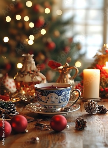 Festive tea cup on rustic holiday table with Christmas decor.