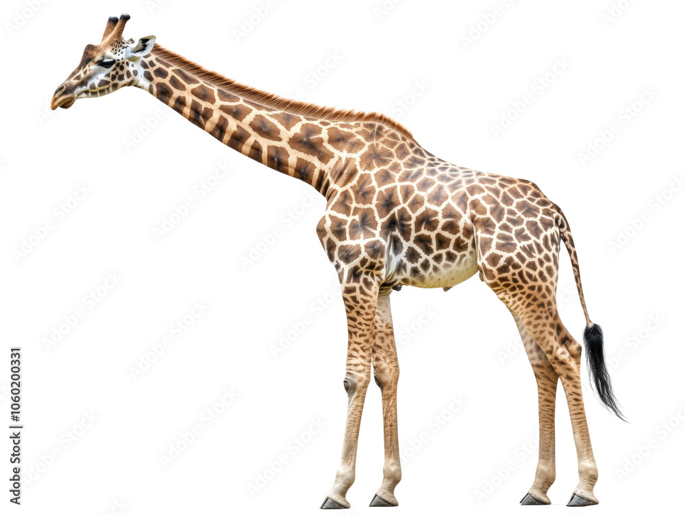 Naklejka premium Giraffe standing elegantly on a white isolated background.