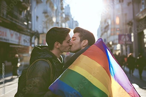 Two young men are kissing each other, wrapped in a rainbow flag, symbolizing their love and pride during a gay pride event in a bustling city photo