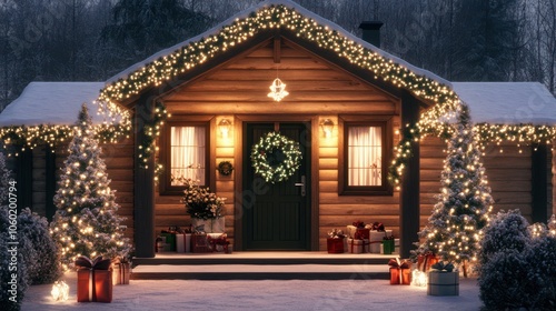 Cozy holiday cottage decorated with lights and a wreath on the door