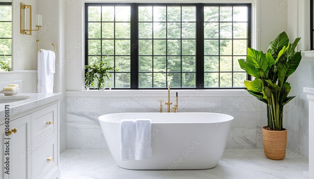 Fototapeta premium A modern bathroom featuring a freestanding tub, large windows, plants, and elegant fixtures, creating a serene and stylish atmosphere.